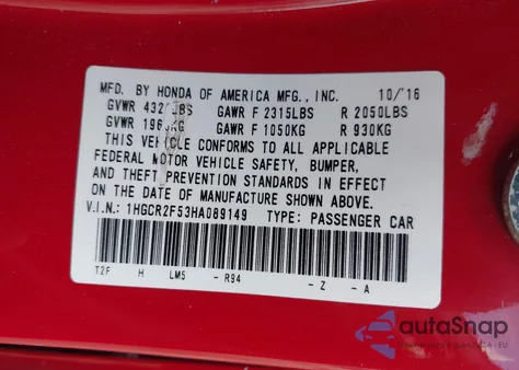 2017 Honda Accord Sport z USA, uszkodzony, nr VIN 1HGCR2F53HA089149